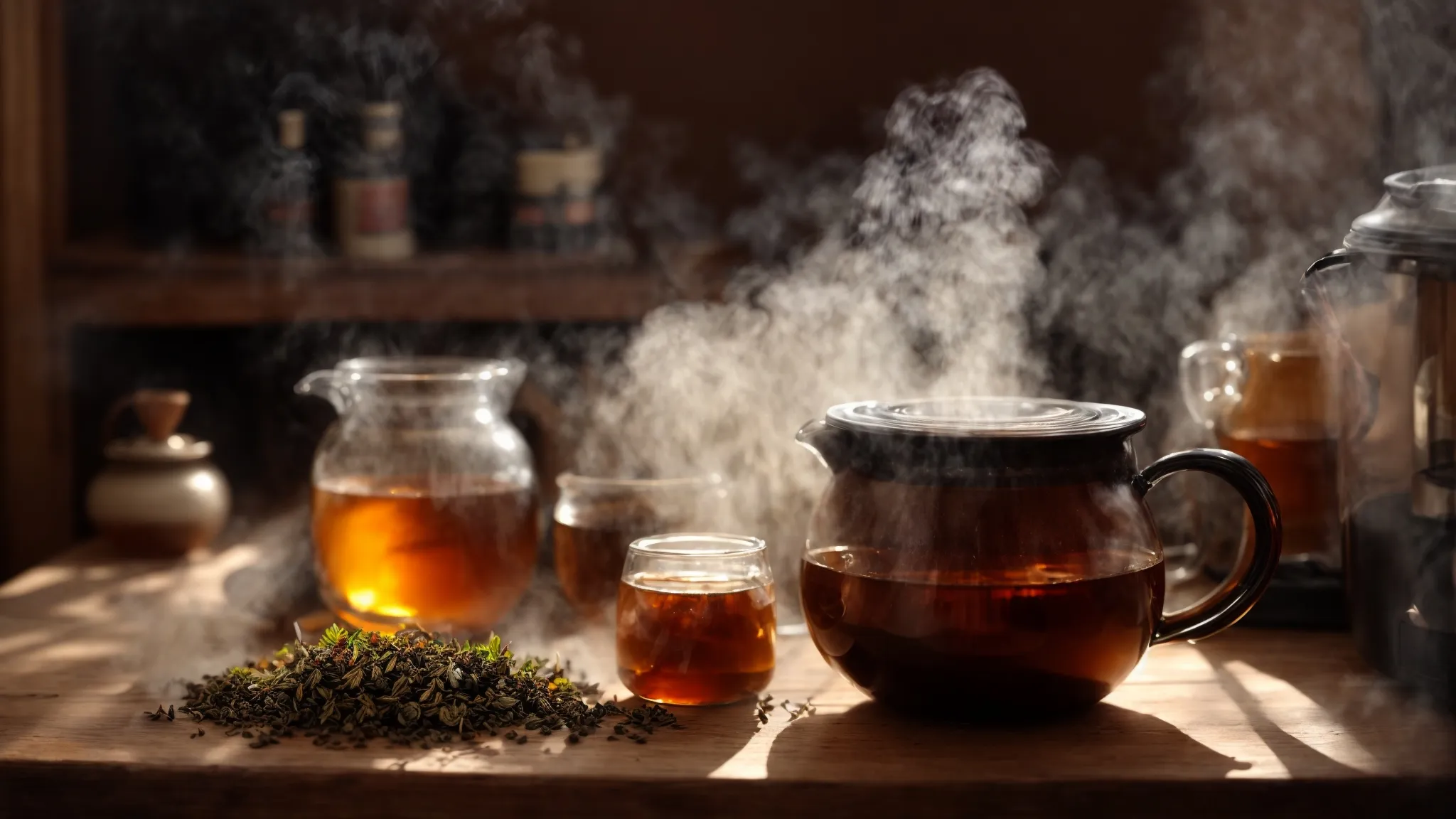 a steaming mug of herbal tea rests on a wooden table surrounded by assorted jars of dried herbs and a warm, glowing humidifier in the background.