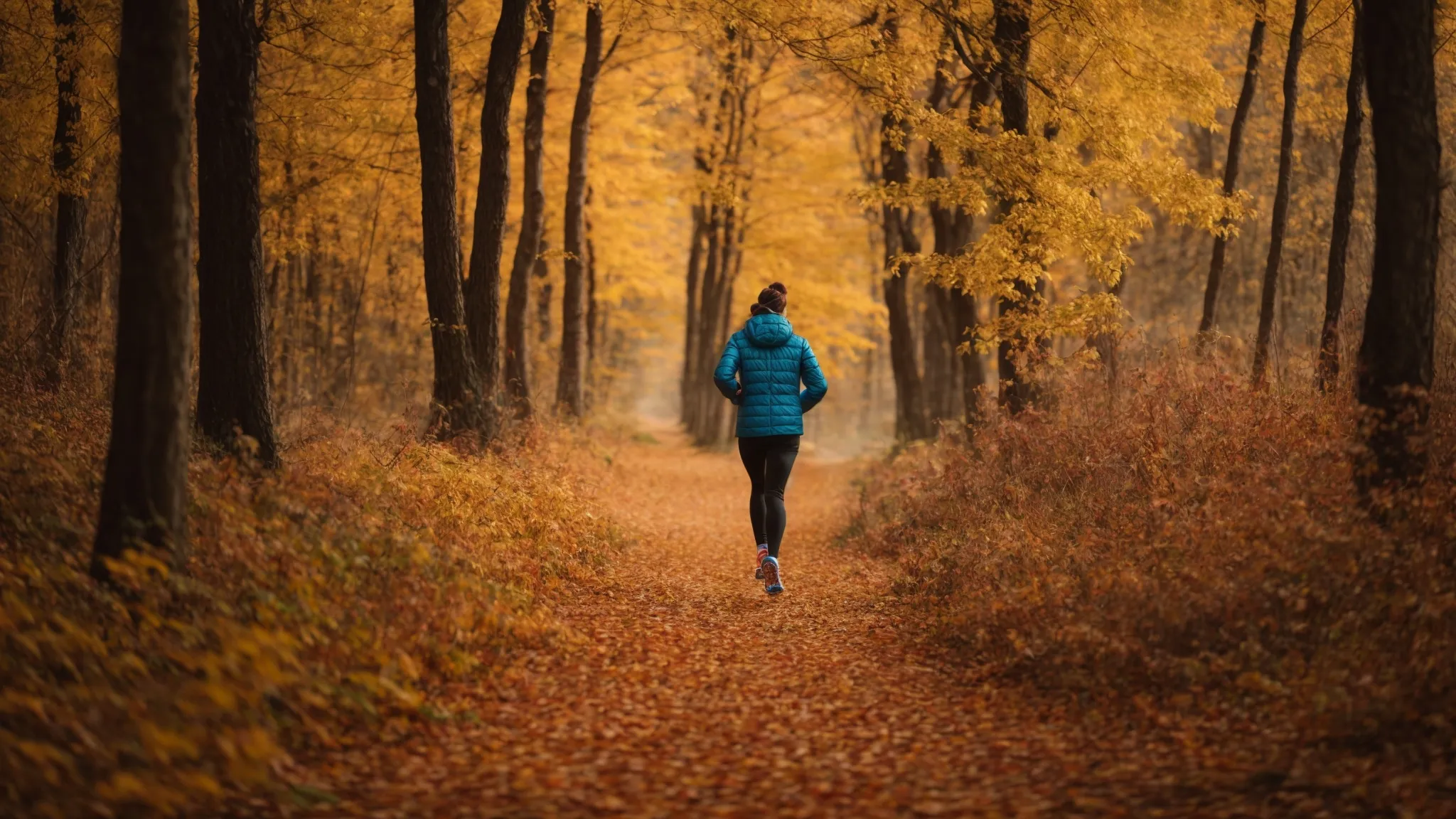 a person jogs through a forest with autumn-colored trees, reflecting a commitment to health and exercise amidst the changing seasons.
